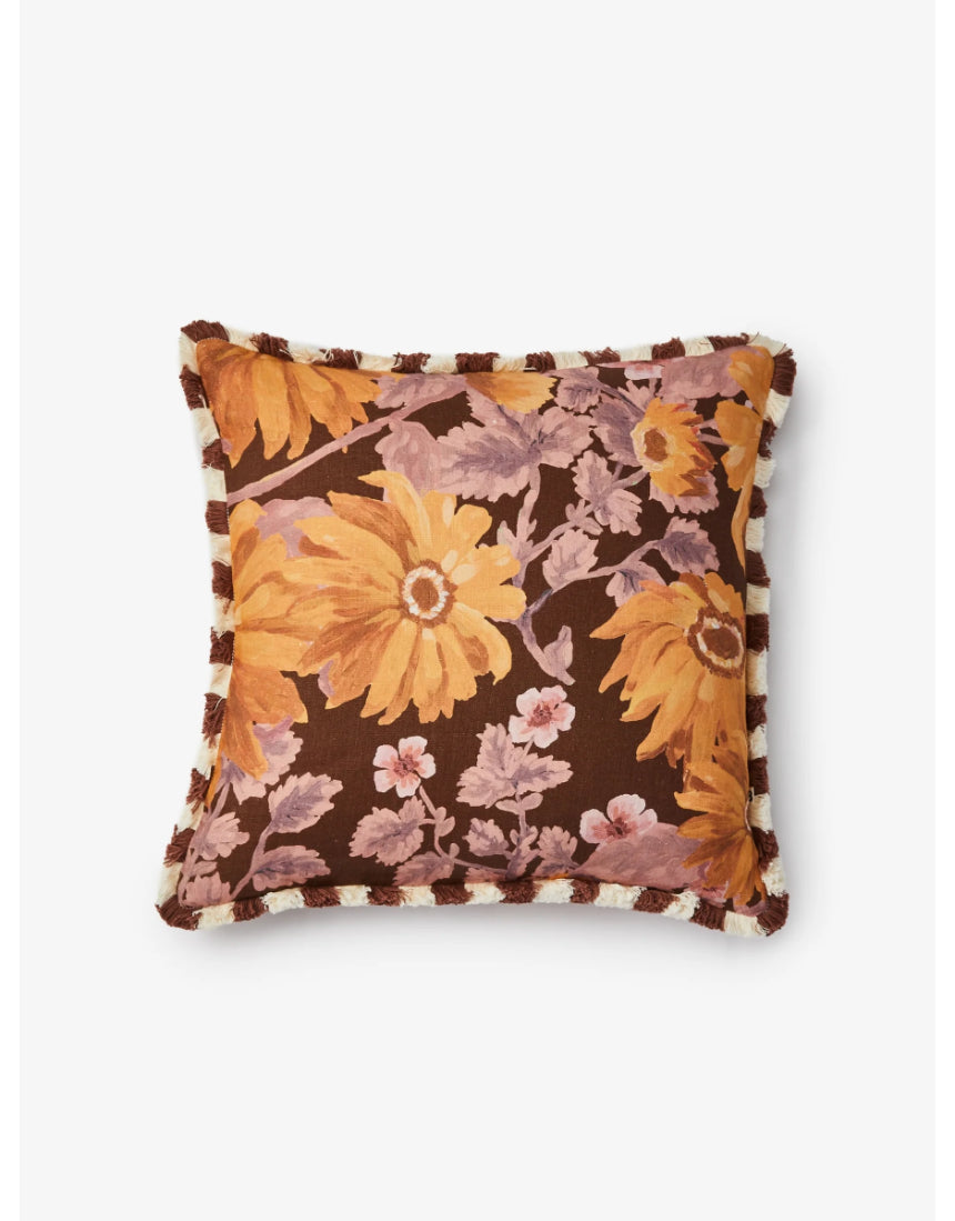 Bonnie and Neil Marigold Amber 50cm linen cushion with floral design, perfect for living room decor.