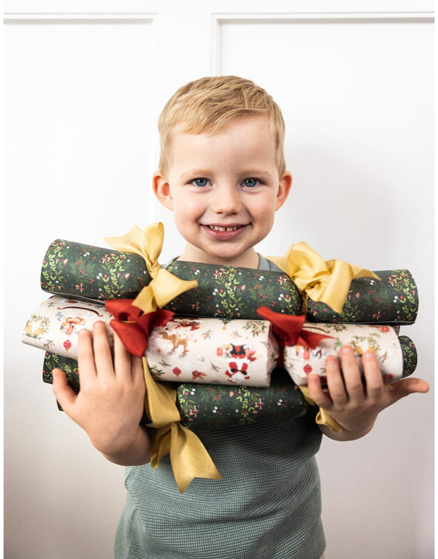 Bespoke Letterpress Christmas cracker kit featuring jolly Santa design, 10-pack of festive holiday party decorations.