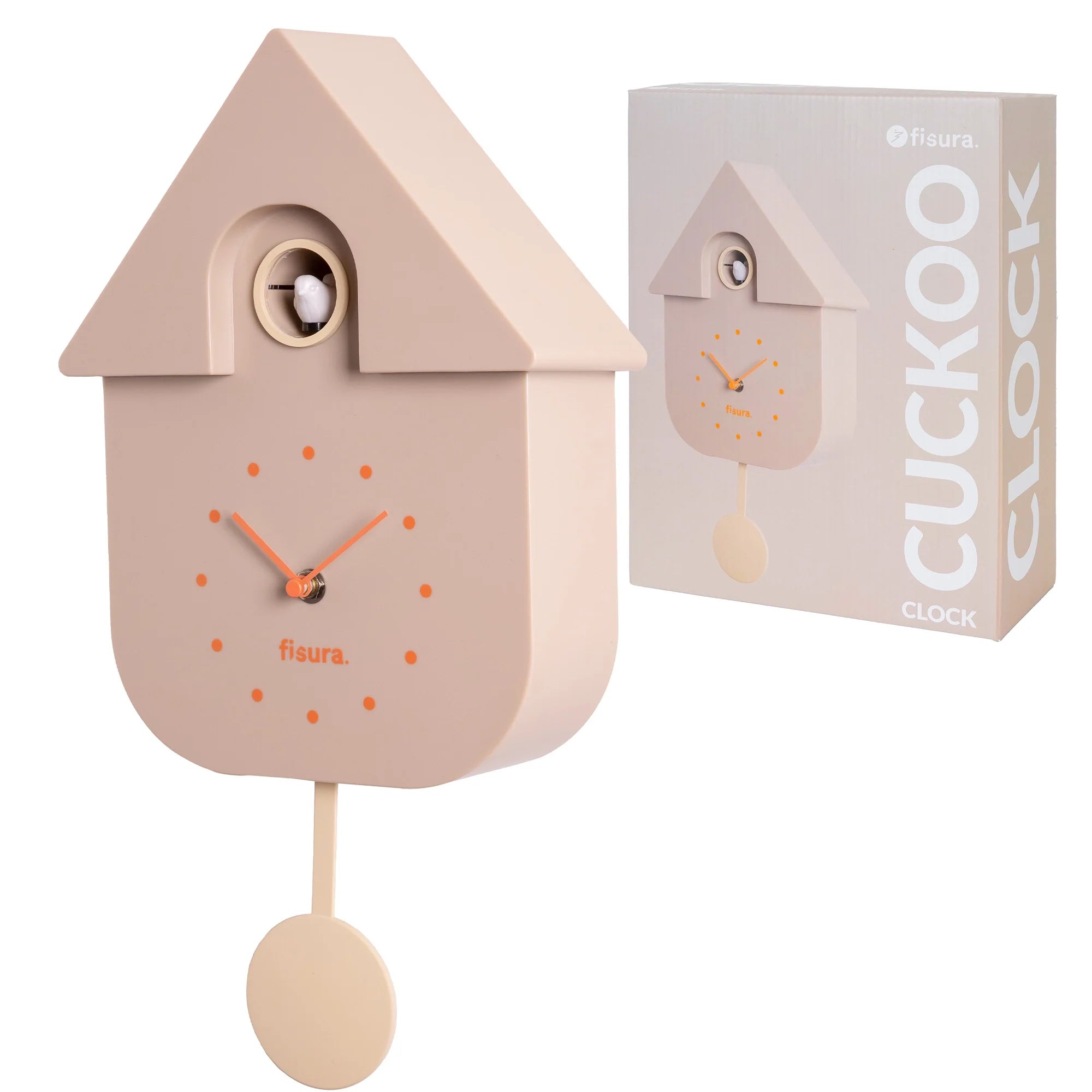 Beige Fisura cuckoo clock with traditional design and wooden details, showcasing the clock face and decorative elements.