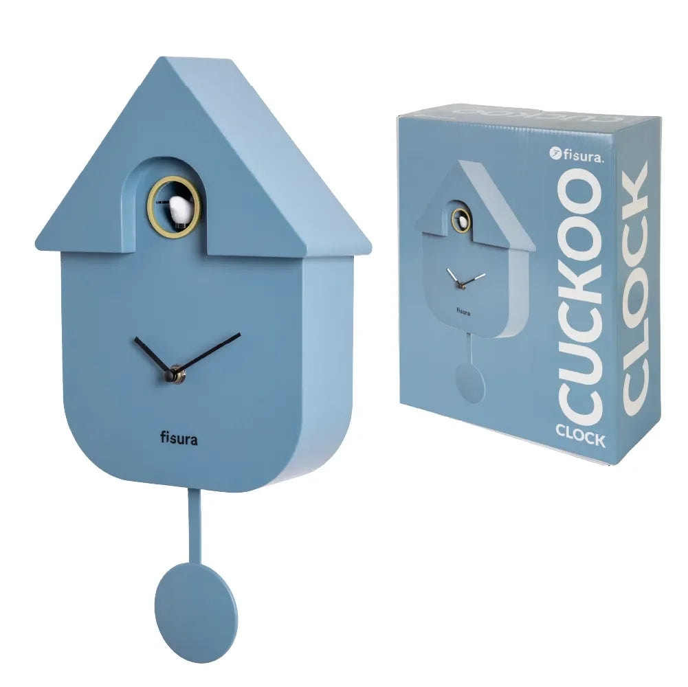 Blue Fisura cuckoo clock with traditional design and wooden details, showcasing its charming and functional timepiece features.