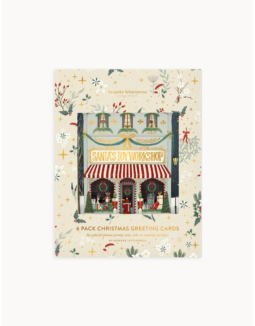 Bespoke Letterpress Christmas Village 6-pack greeting card box set with festive holiday designs on kraft paper cards.