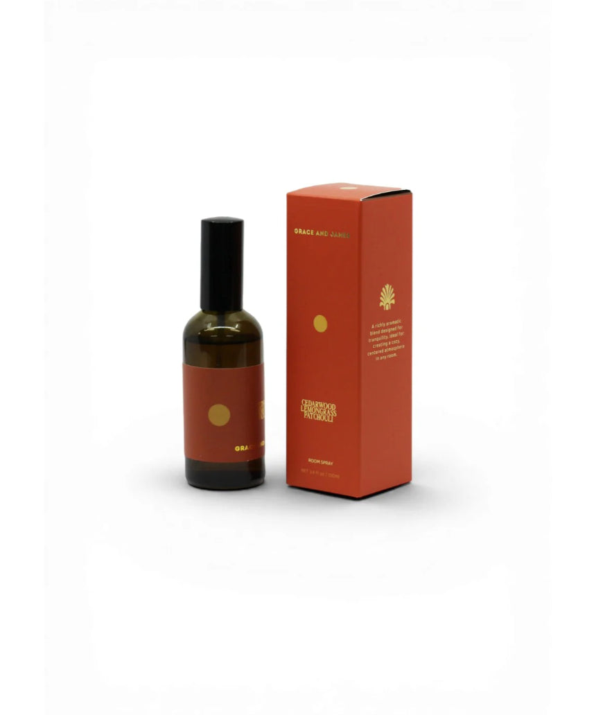 Grace & James Cedarwood, Lemongrass, and Patchouli room spray in a sleek bottle, designed to freshen and scent living spaces naturally.