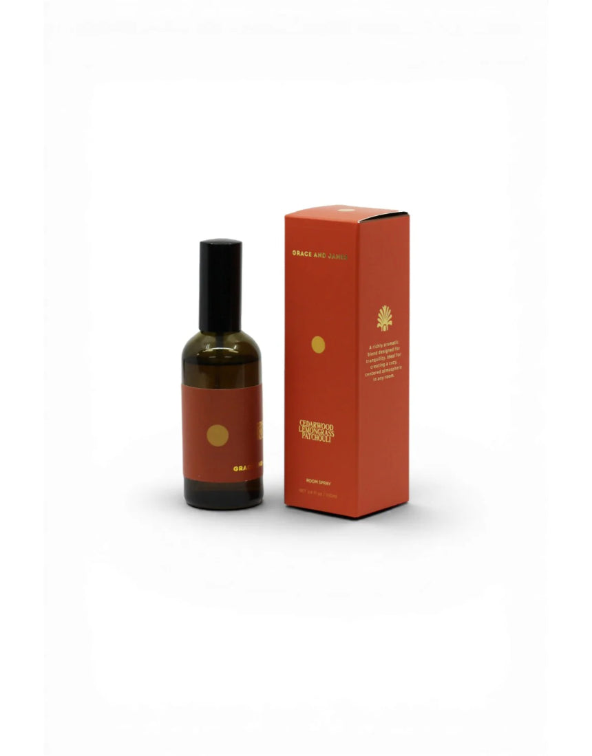 Grace & James Cedarwood, Lemongrass, and Patchouli room spray in a sleek bottle, designed to freshen and scent living spaces naturally.