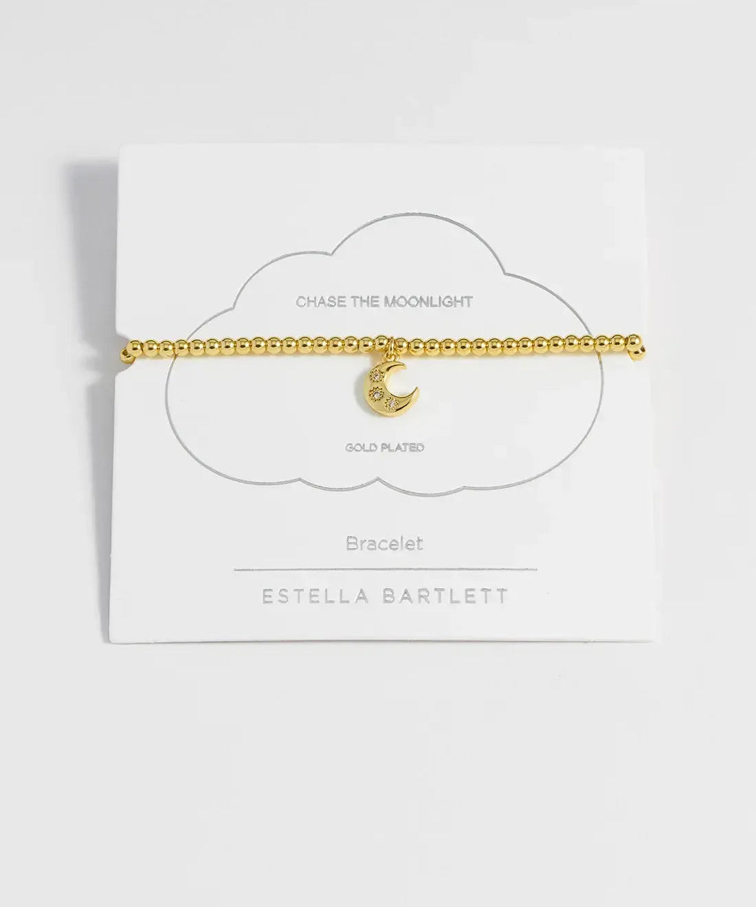 Gold-plated Estella Bartlett CZ moon stretch bracelet featuring a delicate celestial design on a jewelry image.