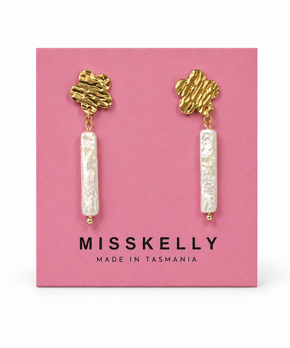 Gold floral pearl stick earrings by Miss Kelly featuring delicate flower designs and elegant pearl accents.