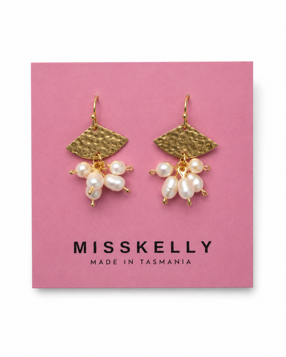 Gold fan-shaped pearl earrings by Miss Kelly featuring five pearls, elegant and stylish jewelry for sophisticated looks.