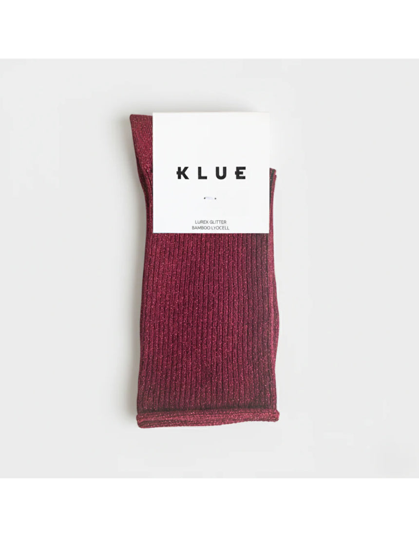 Cherry glitter Lurex socks by Klue featuring vibrant red color and shimmering texture, perfect for stylish everyday wear.