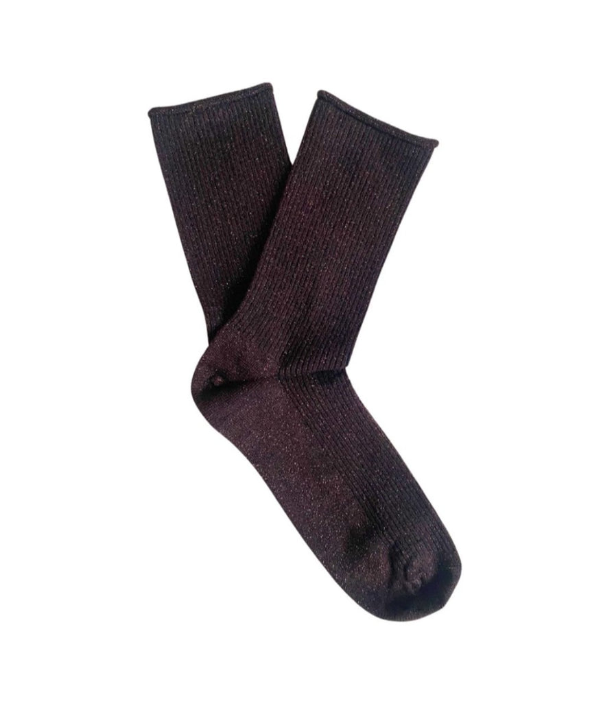 Dark brown Glitter Lurex socks by Klue featuring shiny, textured fabric and a cozy fit, perfect for stylish comfort.