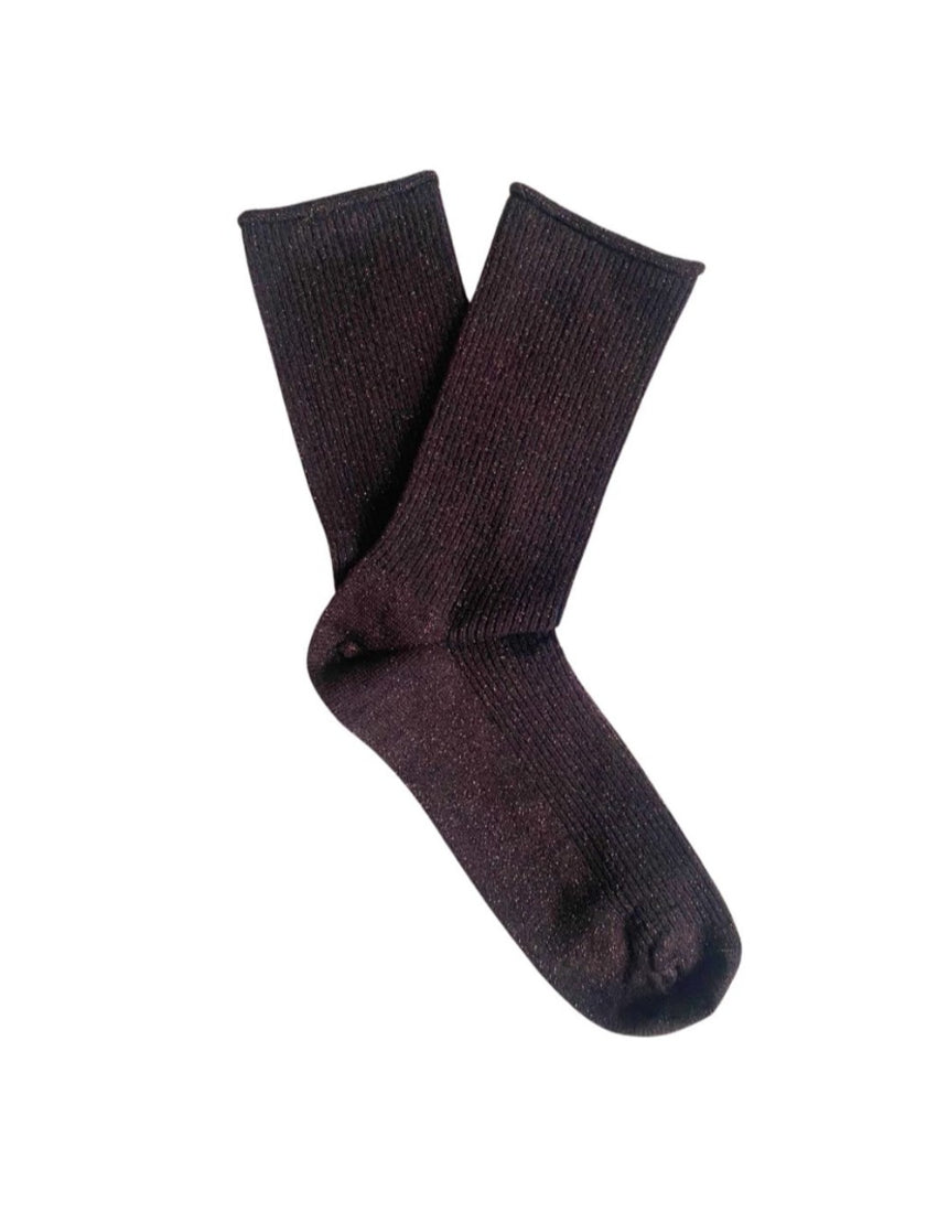 Dark brown Glitter Lurex socks by Klue featuring shiny, textured fabric and a cozy fit, perfect for stylish comfort.