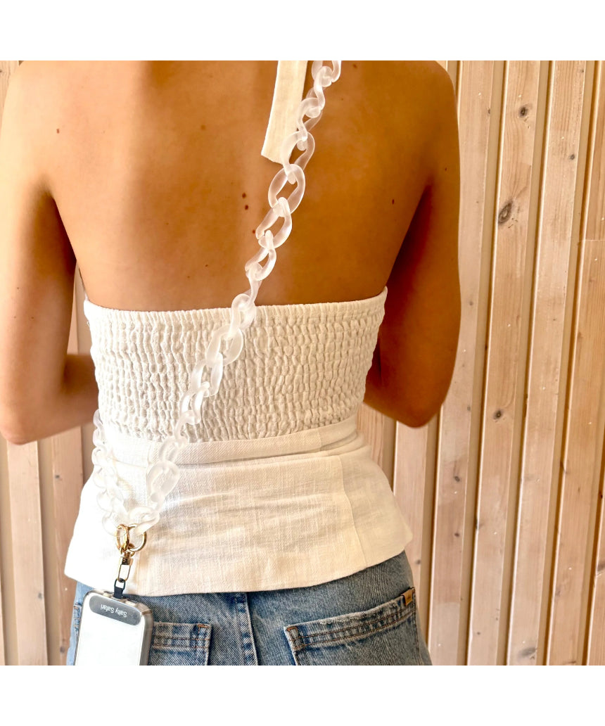 Clear Capri phone strap accessory by Salty Safari featuring adjustable strap and durable materials for secure phone carrying.