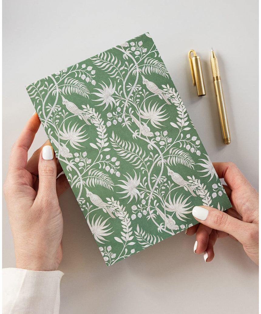 Bespoke Letterpress Jardin Notepad Jotter with tropical floral design, featuring a textured cover and lined pages for writing.