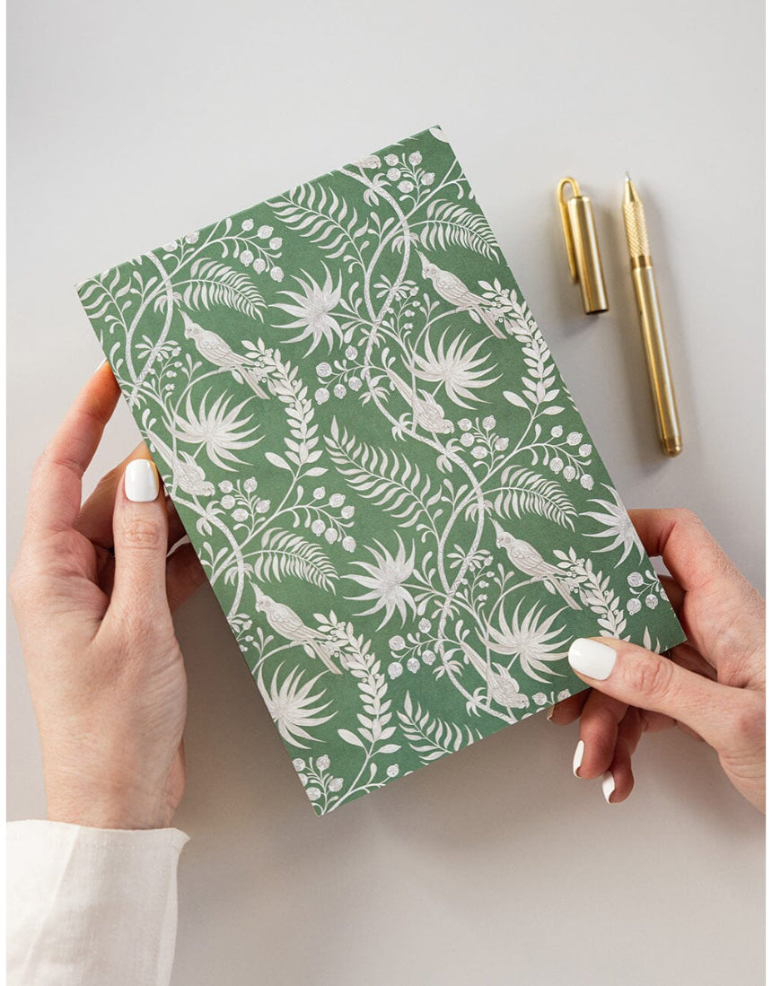 Bespoke Letterpress Jardin Notepad Jotter with tropical floral design, featuring a textured cover and lined pages for writing.