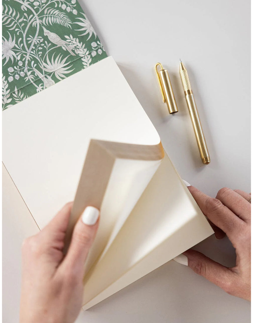 Bespoke Letterpress Jardin Notepad Jotter with tropical floral cover, showcasing elegant stationery design and craftsmanship.