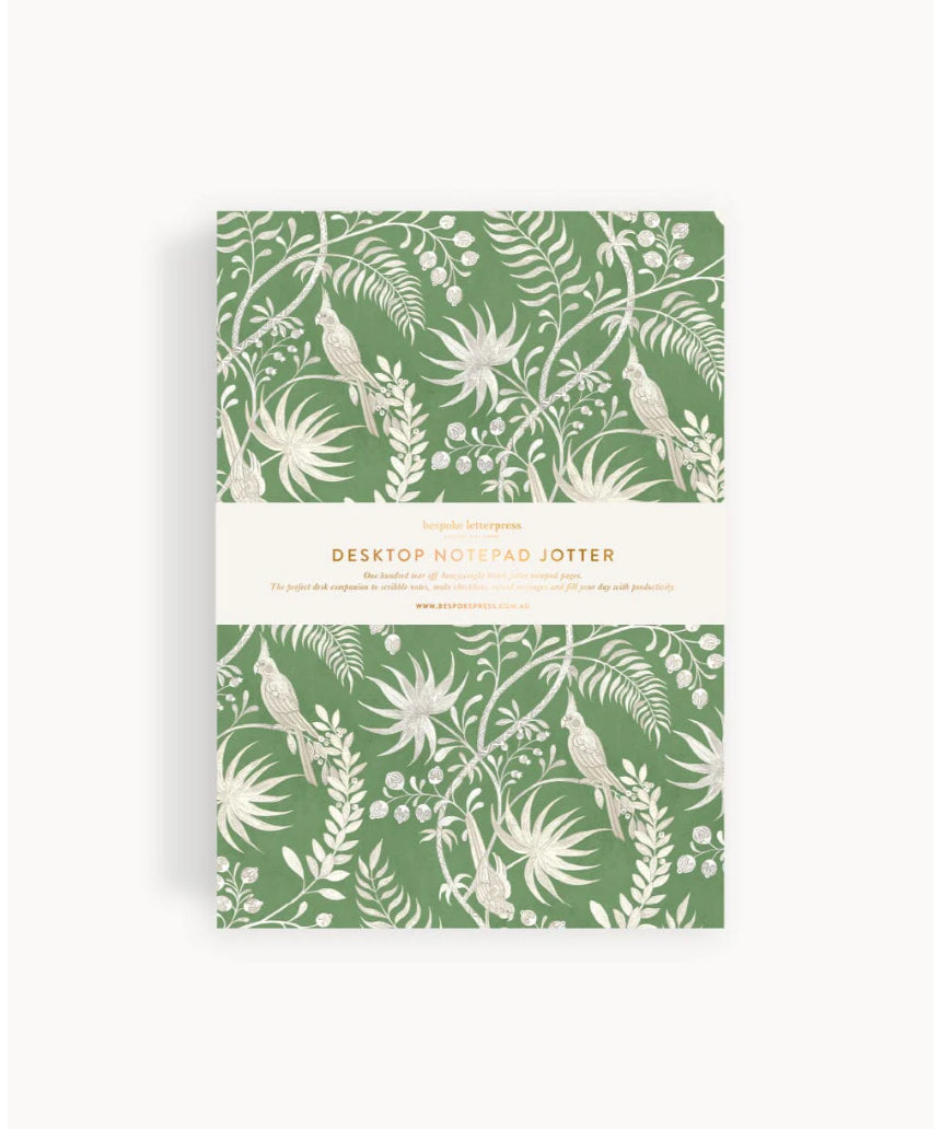 Bespoke Letterpress Jardin Notepad Jotter featuring tropical botanical design on textured stationary paper.