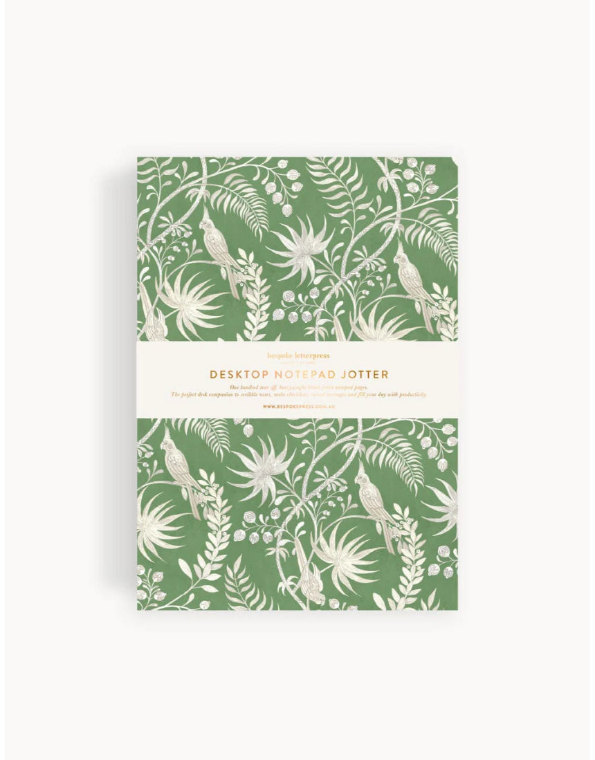 Bespoke Letterpress Jardin Notepad Jotter featuring tropical botanical design on textured stationary paper.