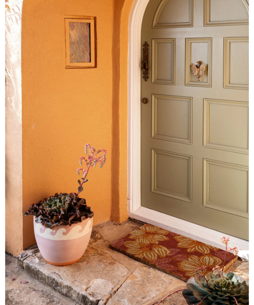 Bonnie and Neil Azalea Tan coir door mat with floral pattern, suitable for indoor or outdoor entrance decor