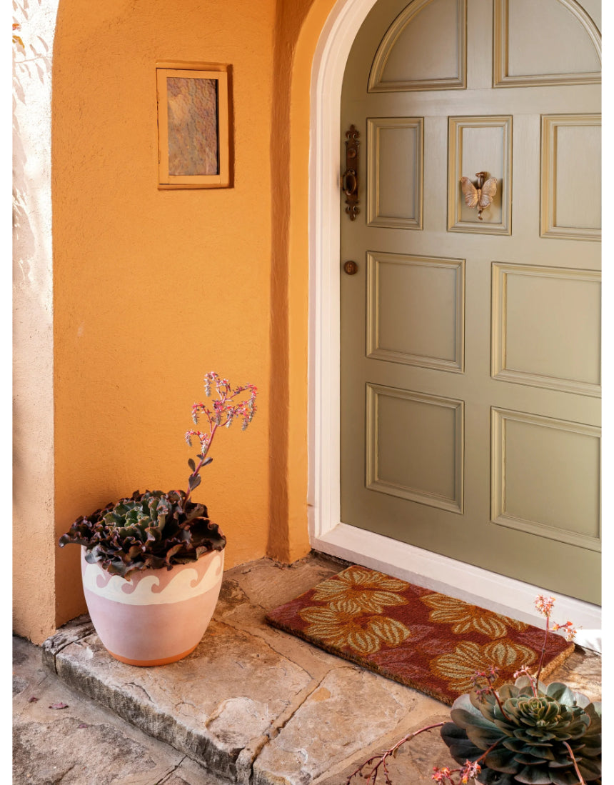 Bonnie and Neil Azalea Tan coir door mat with floral pattern, suitable for indoor or outdoor entrance decor