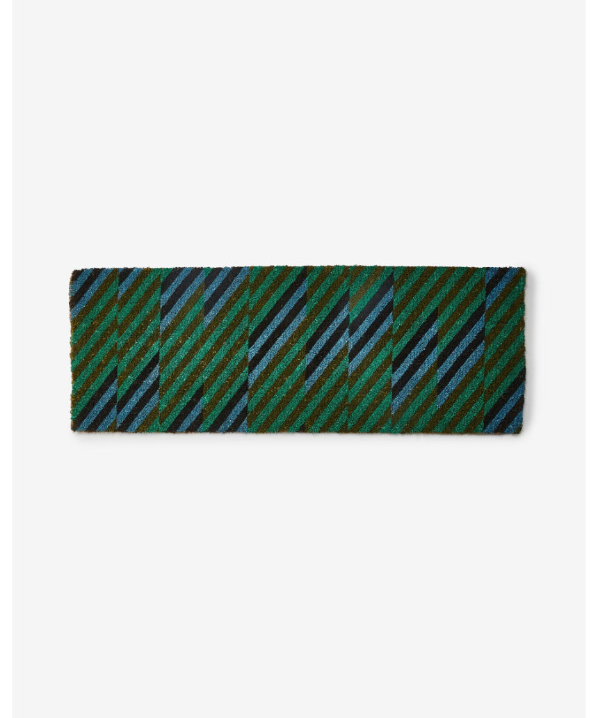 Bonnie and Neil patchwork blue and green long door mat with geometric design, ideal for indoor or outdoor entryways.