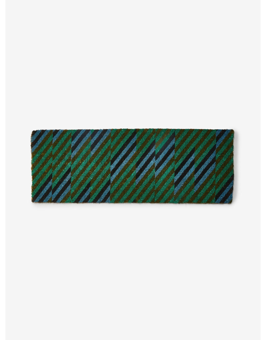 Bonnie and Neil patchwork blue and green long door mat with geometric design, ideal for indoor or outdoor entryways.
