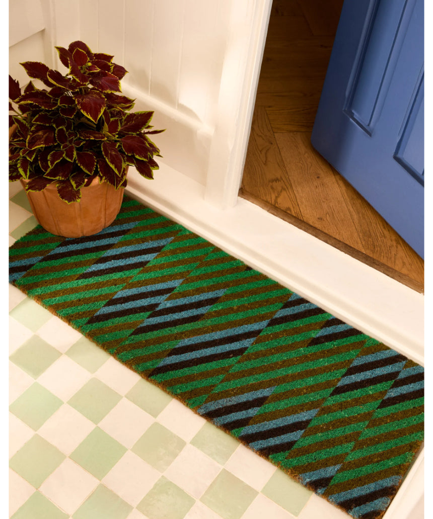 Bonnie and Neil patchwork blue and green long door mat with geometric design, ideal for outdoor or entryway use