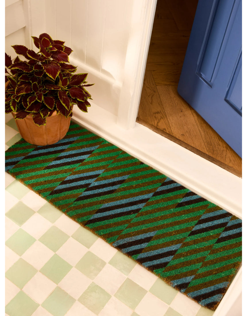 Bonnie and Neil patchwork blue and green long door mat with geometric design, ideal for outdoor or entryway use