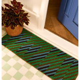 Bonnie and Neil patchwork blue and green long door mat with geometric design, ideal for outdoor or entryway use