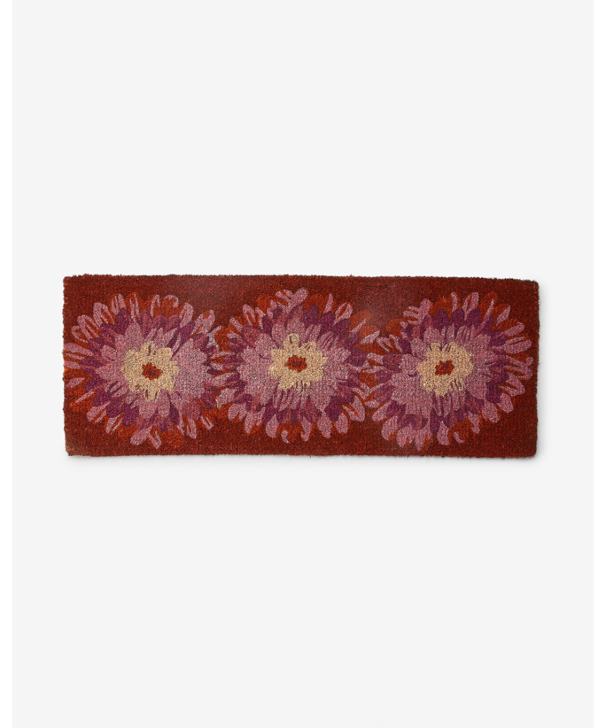 Pink Dahlia long door mat by Bonnie and Neil, featuring vibrant floral design, perfect for indoor or outdoor entryways.