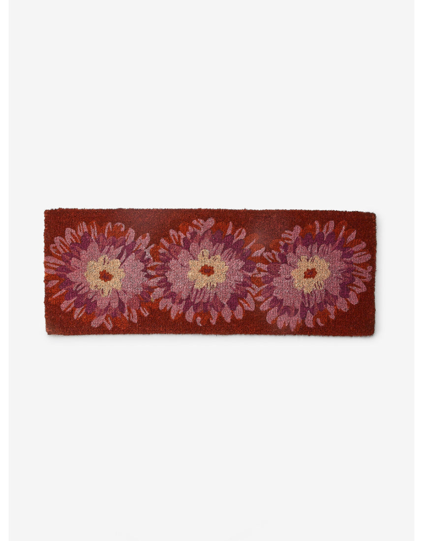 Pink Dahlia long door mat by Bonnie and Neil, featuring vibrant floral design, perfect for indoor or outdoor entryways.