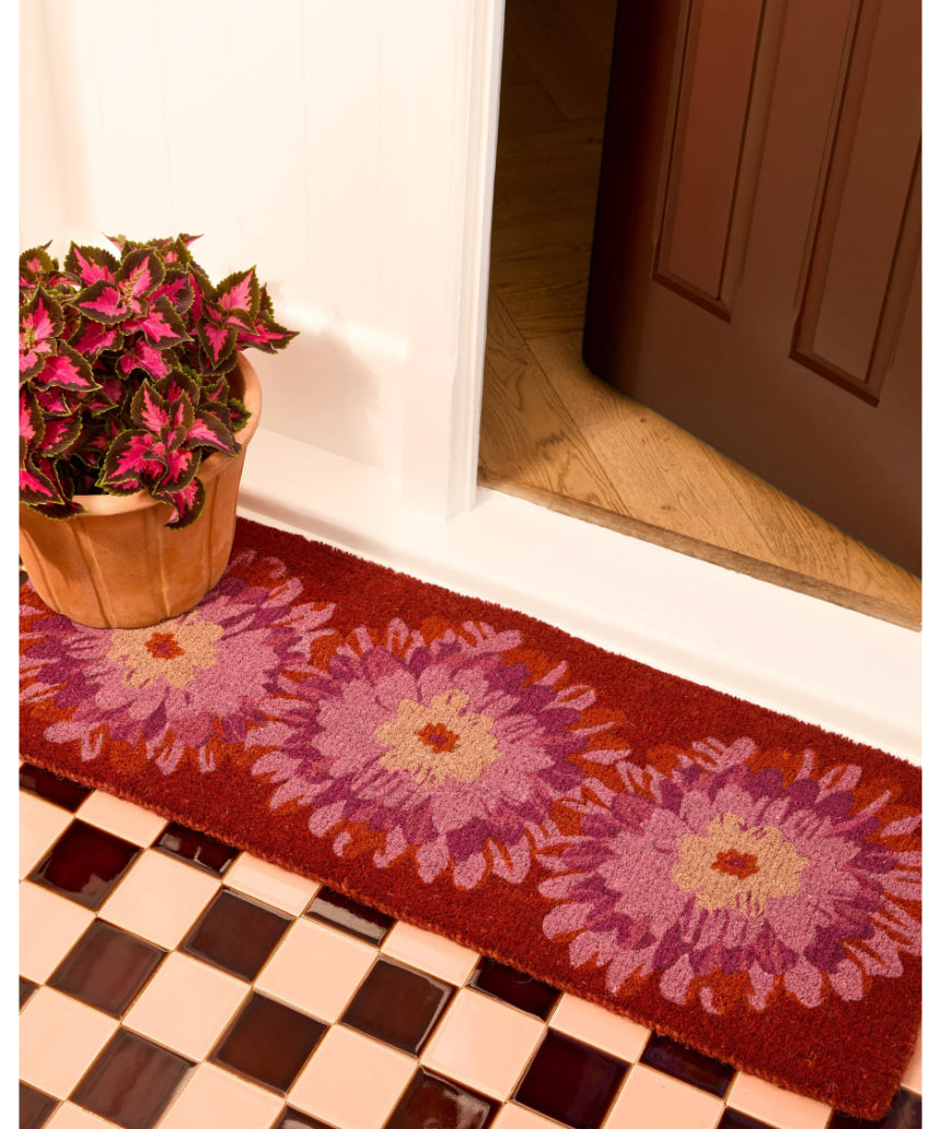Pink Dahlia long door mat by Bonnie and Neil, featuring floral design, ideal for welcoming entryways.