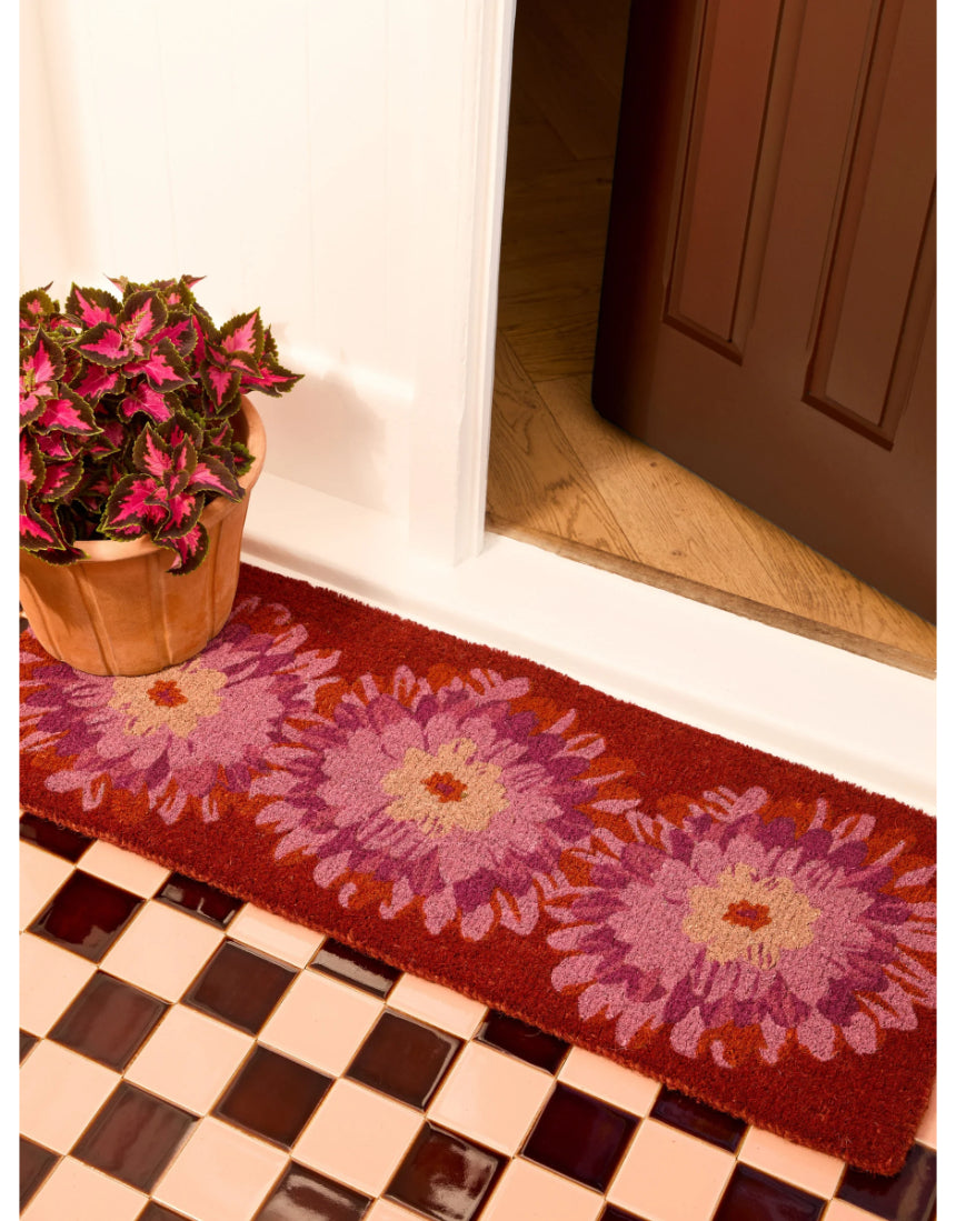 Pink Dahlia long door mat by Bonnie and Neil, featuring floral design, ideal for welcoming entryways.