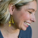Blue Faced Honeyeater earrings by Denz featuring honey, blue, and black colors with intricate design, worn as stylish jewelry.