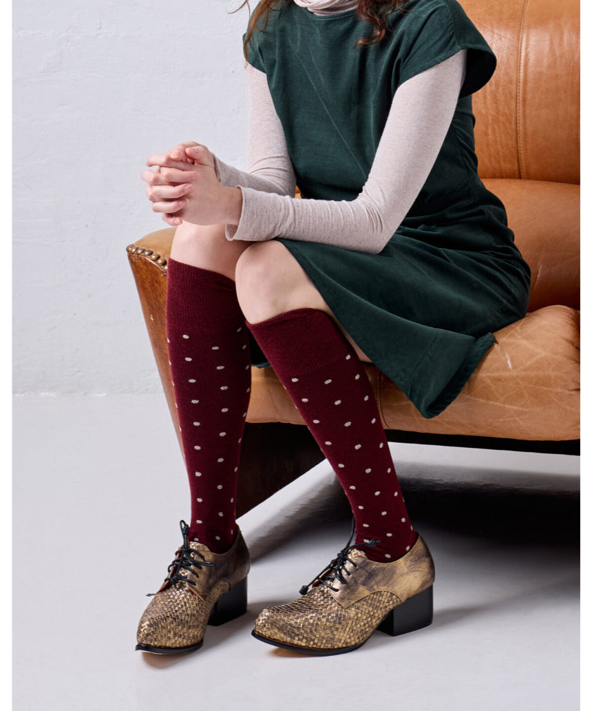 Tightology Dotty Merino Wool Socks in burgundy with colorful dot pattern, cozy and comfortable for everyday wear