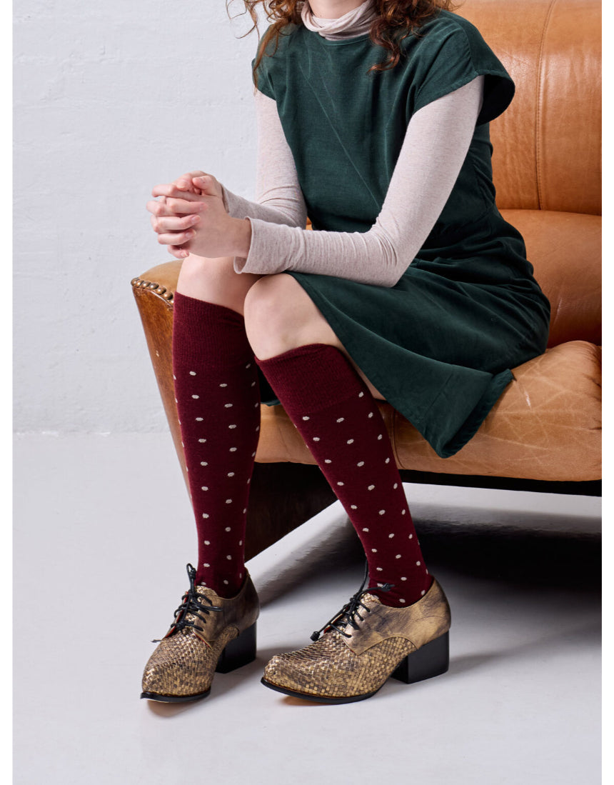Tightology Dotty Merino Wool Socks in burgundy with colorful dot pattern, cozy and comfortable for everyday wear