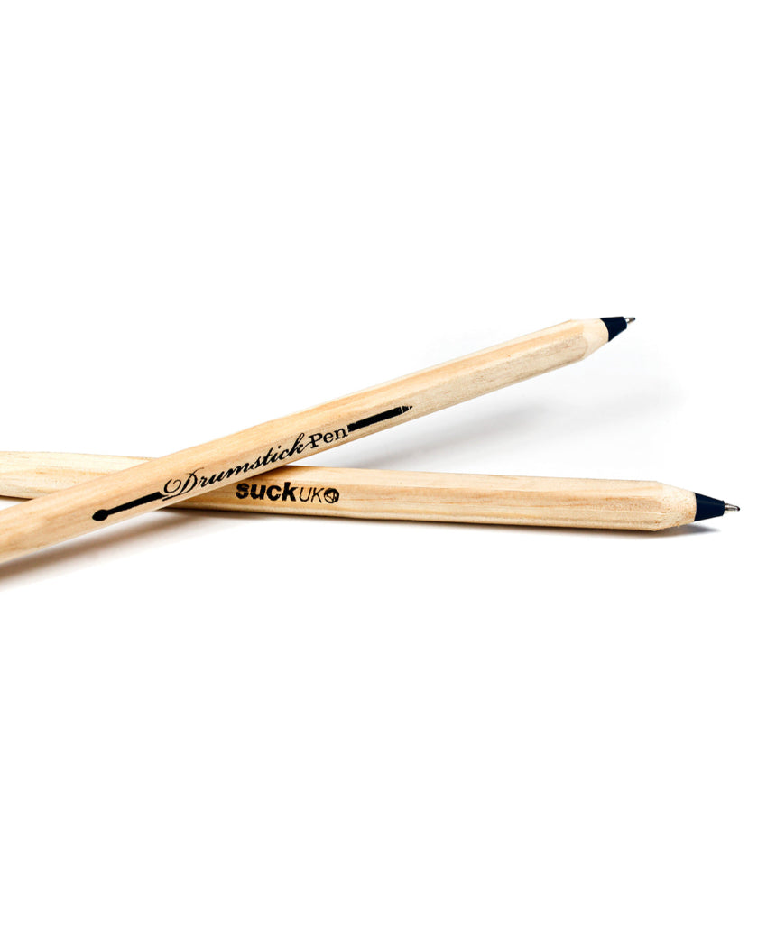 Black drumstick-shaped pen by Suck UK, featuring realistic detailing and a playful, musical-inspired design.