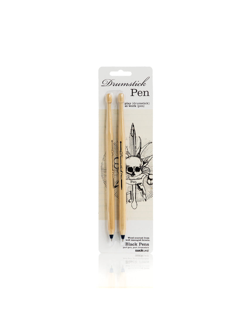 Black drumstick-shaped pen by Suck UK, featuring a realistic design and smooth writing tip.