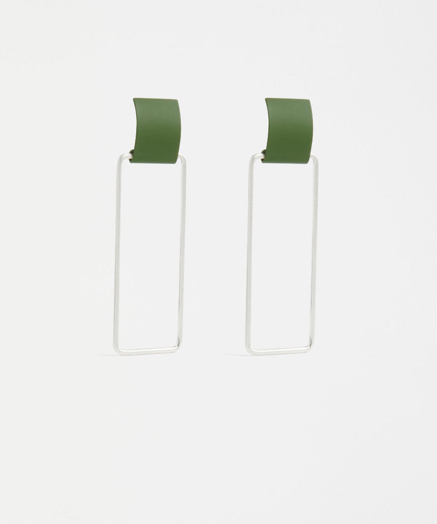 Elk Kvad green moss earrings featuring a modern geometric design, crafted with vibrant green moss accents and silver-tone findings.