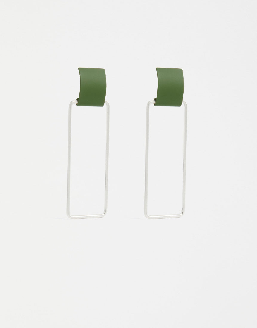 Elk Kvad green moss earrings featuring a modern geometric design, crafted with vibrant green moss accents and silver-tone findings.