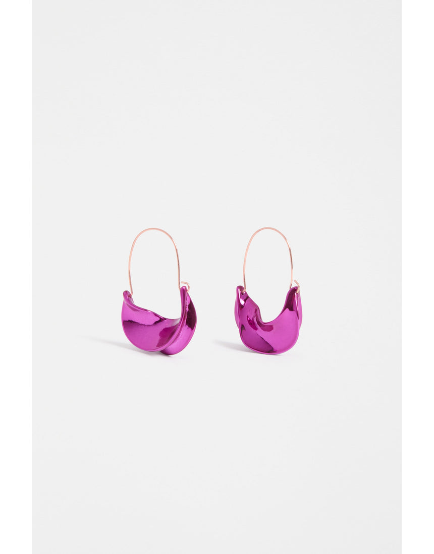 Fuchsia ELK The Label Siita hoop earring, vibrant pink, metal hoop design, close-up view showcasing stylish jewelry accessory.