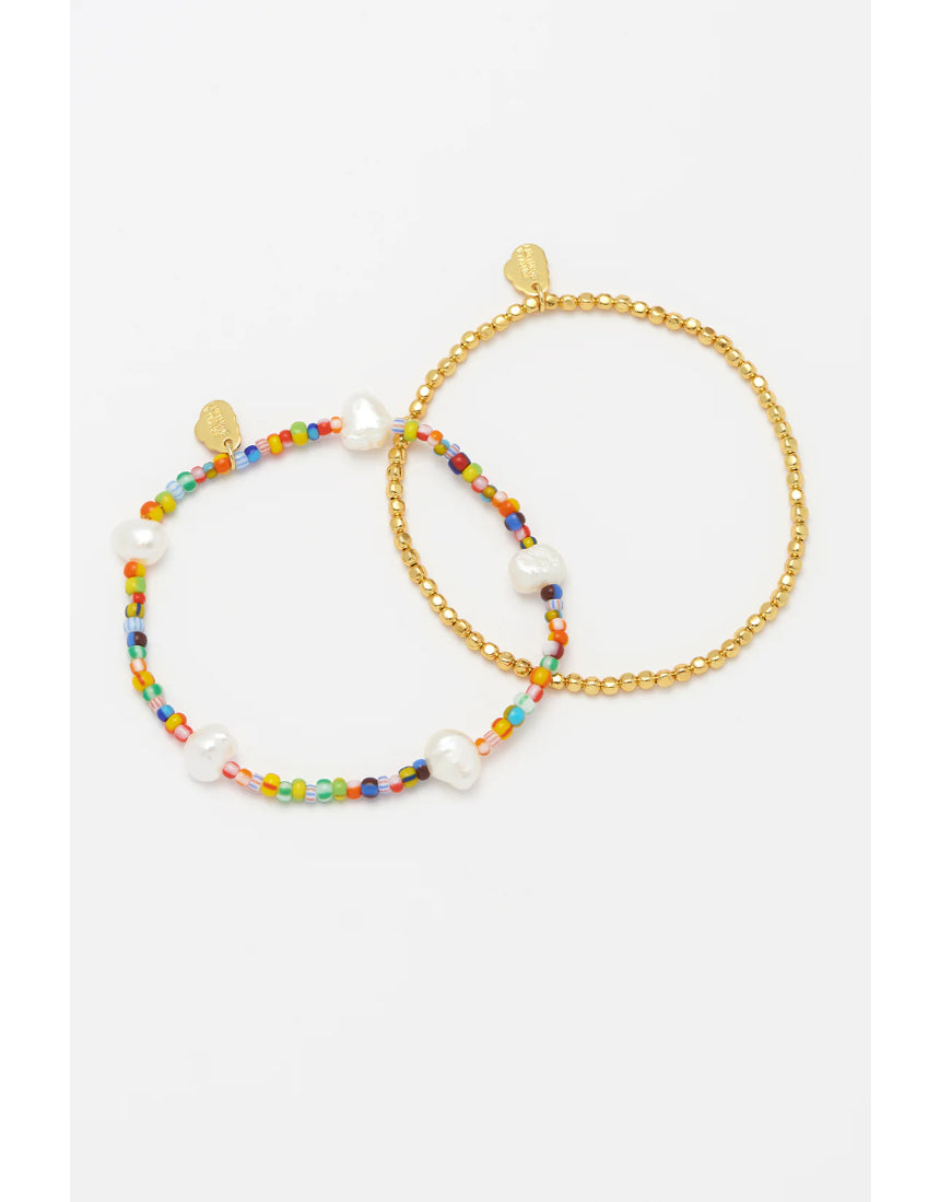 Estella Bartlett rainbow pearl bracelet set featuring colorful pearl bracelets with silver accents on a white background.