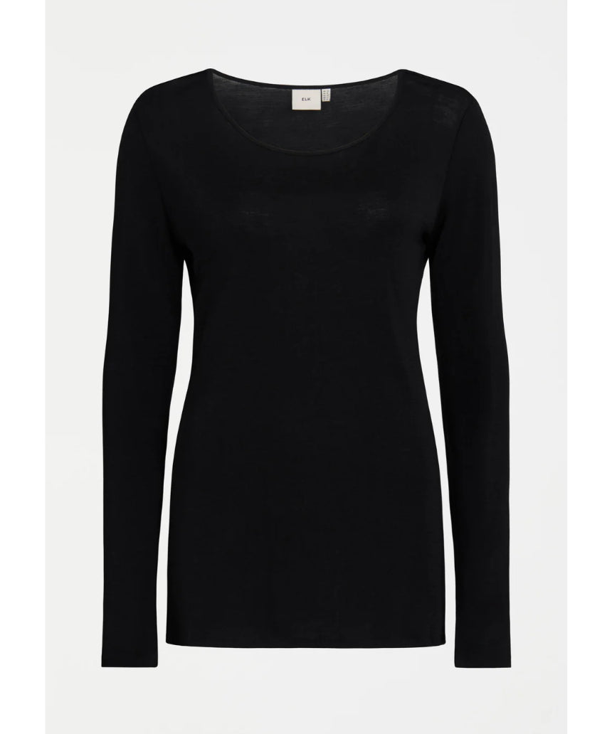 Black Elk Merino Long Sleeve Top, soft and warm wool clothing for outdoor or casual wear, shown on a plain background.
