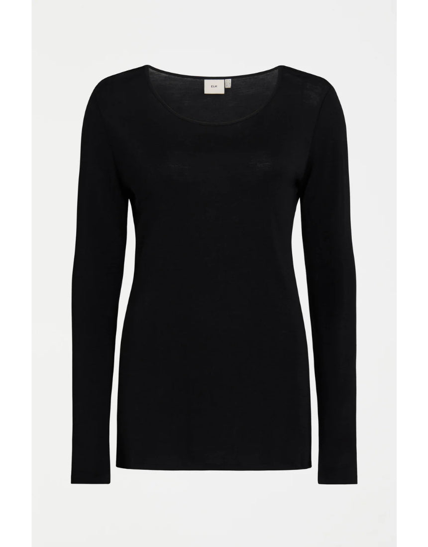 Black Elk Merino Long Sleeve Top, soft and warm wool clothing for outdoor or casual wear, shown on a plain background.