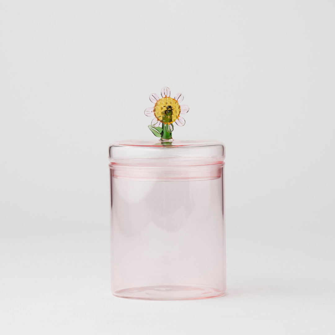 Pilbeam Living Bloomette Petite Pink Decorative Jar, small ceramic container with a floral design and glossy pink finish.