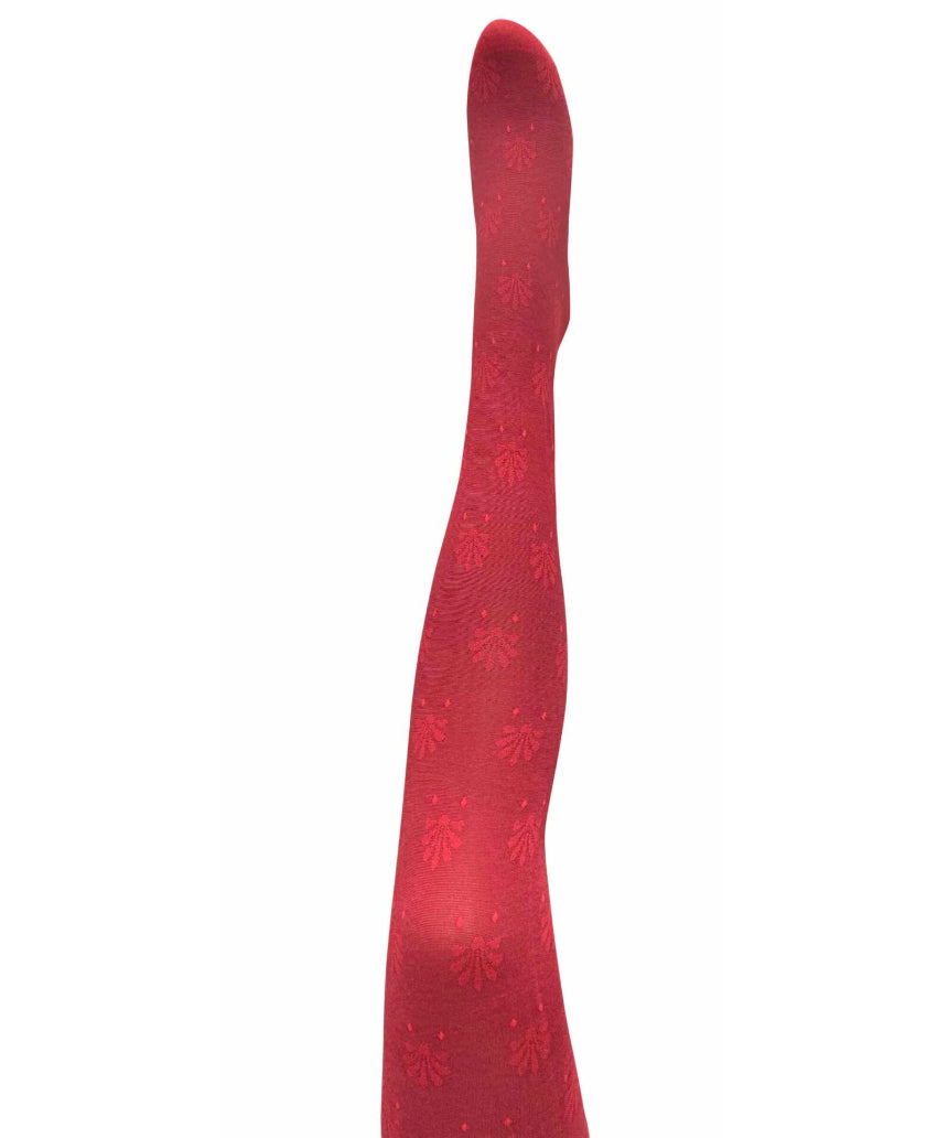 Red Fleur Organic Cotton Tights by Tightology, close-up of the soft, breathable fabric and floral pattern design.