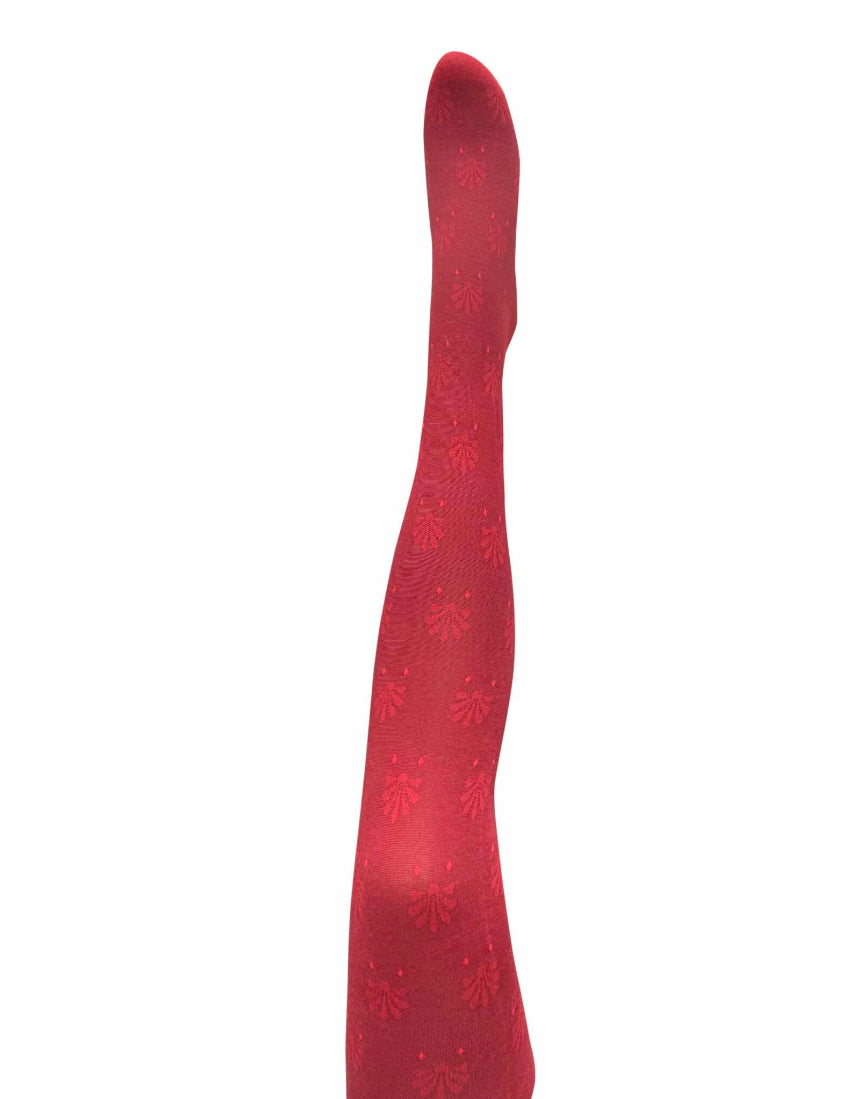 Red Fleur Organic Cotton Tights by Tightology, close-up of the soft, breathable fabric and floral pattern design.