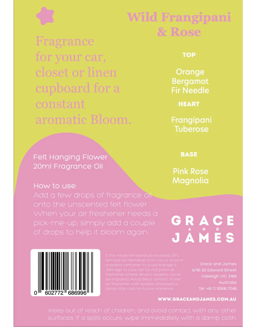 Grace & James Frangipani and Rose felt air freshener with a decorative card design.