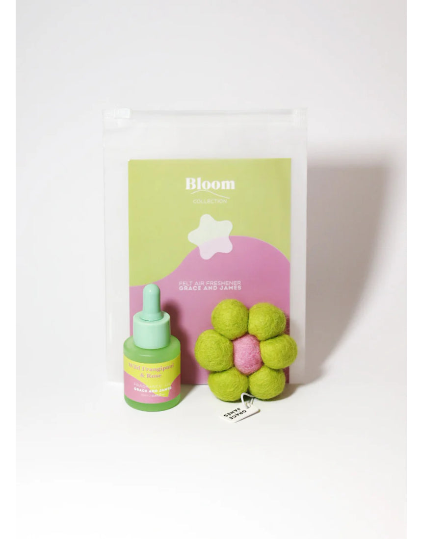 Grace & James Frangipani and Rose felt air freshener with floral fragrance and decorative design.