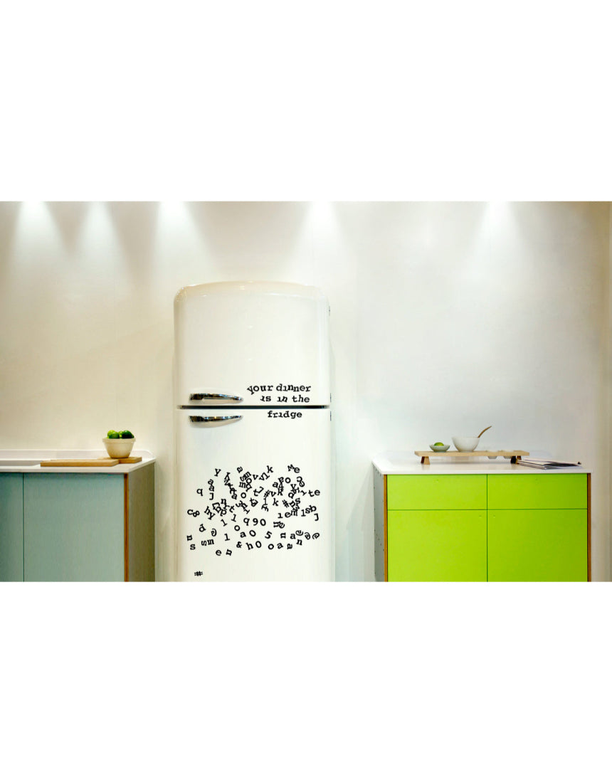 Set of Suck UK fridge font magnets with colorful letter characters on a white background, designed for decorative kitchen use.