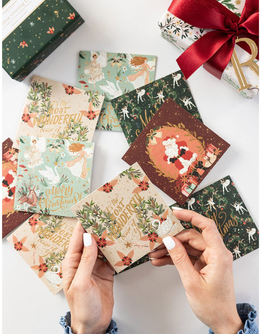 Bespoke Letterpress 12-pack Christmas small greeting card boxset featuring festive designs for holiday notes and greetings.