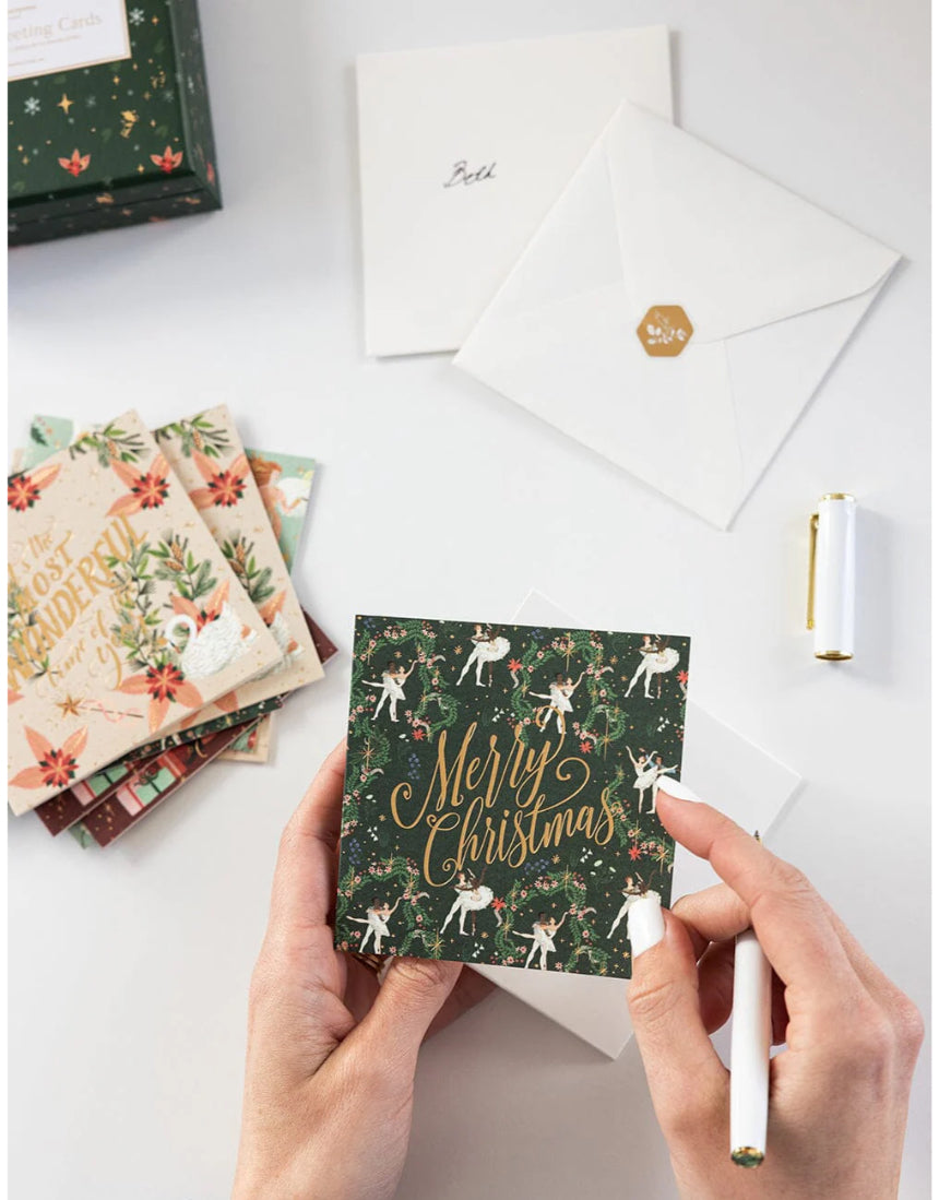 Bespoke Letterpress Christmas small greeting card boxset with 12 festive note cards featuring enchanted holiday designs.