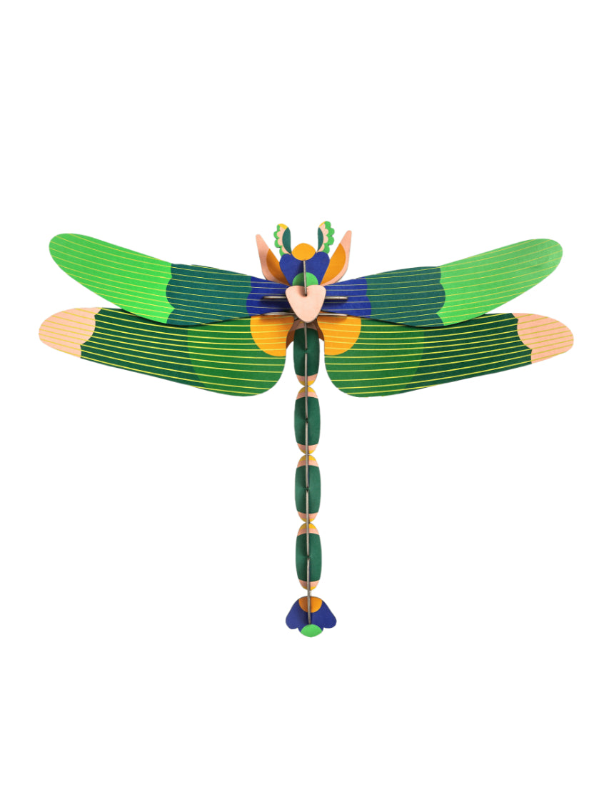 Studio Roof green dragonfly wall art in A4 size, featuring detailed illustration of a dragonfly on a vibrant background.